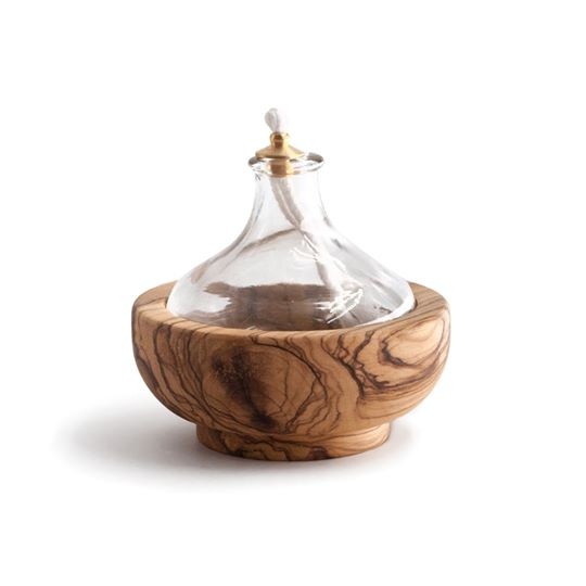 lampada a olio per altare in vetro e legno di olivo